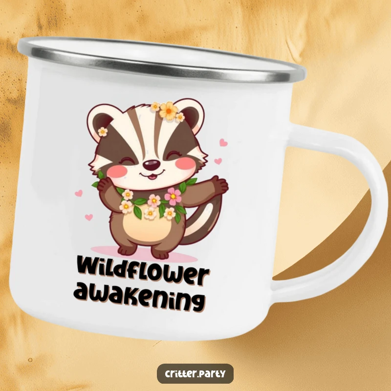 Funny enamel camping mug with a happy badger wearing a flower garland and dancing, perfect for outdoor enjoyment.