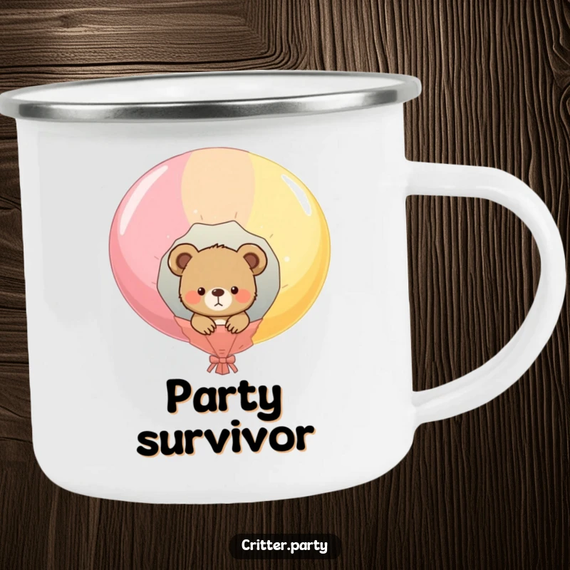 Funny enamel camping mug with a curious bear cub peeking from a popped balloon, rugged and humorous for outdoor use.