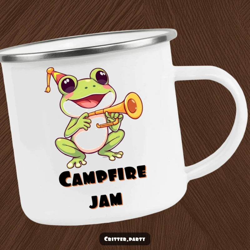Funny camping mug showing a happy frog character joyfully playing a tiny trumpet with a wide smile.