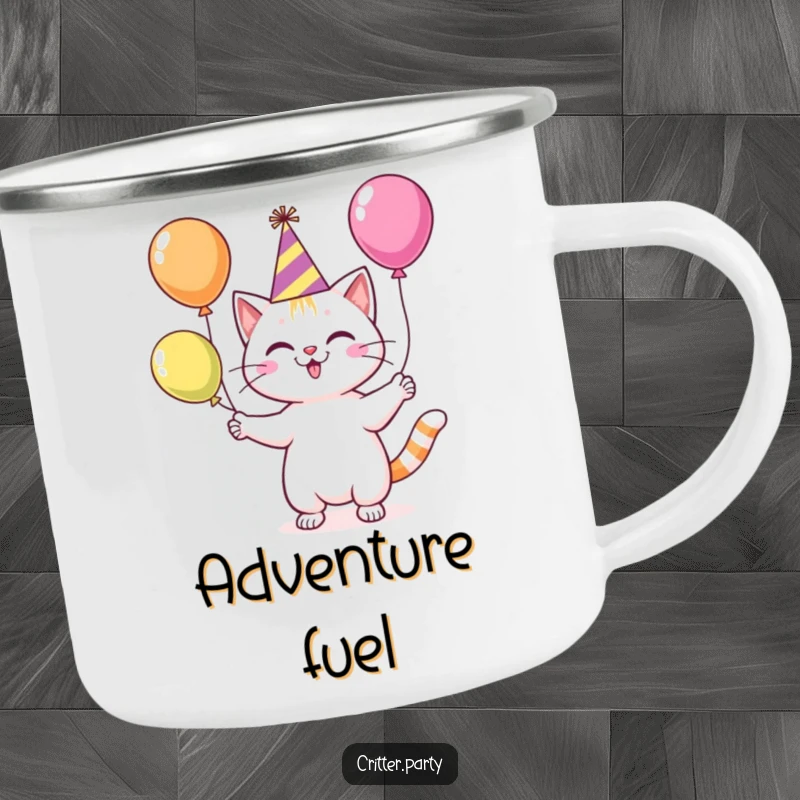 Funny cat wearing a party hat, juggling colorful balloons, durable camping mug for outdoor fun and laughter.