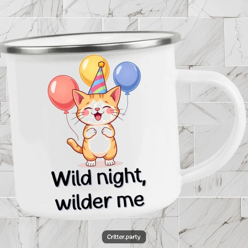 Durable funny cat camping mug with a party hat-wearing cat juggling balloons, ideal for enjoying drinks in the great outdoors.