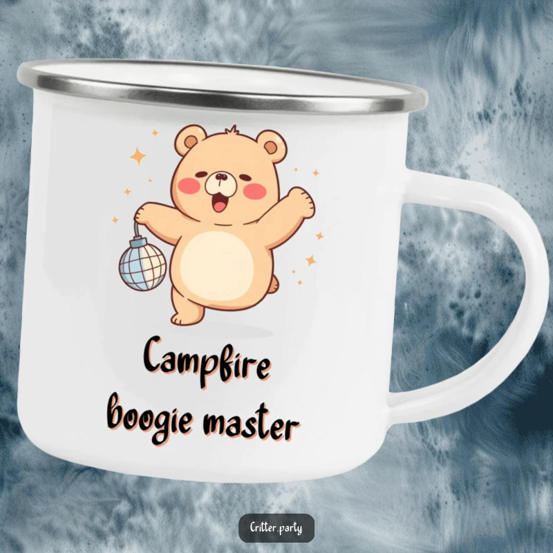 Durable funny chubby bear camping mug with a dancing bear and tiny disco ball, ideal for enjoying drinks under the stars.