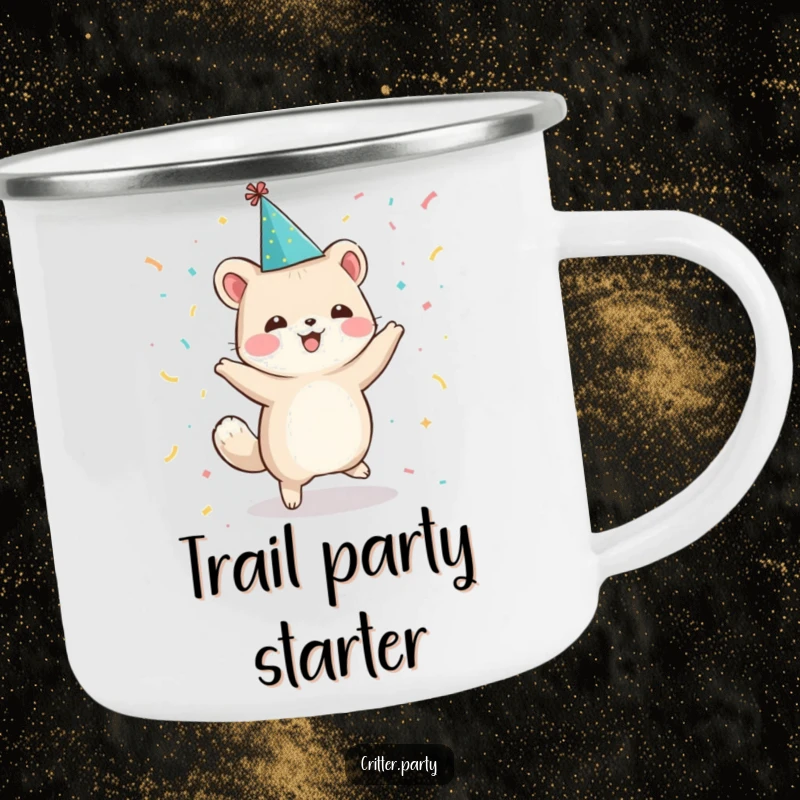 Funny camping mug with a small, ecstatic animal character in a party hat, dancing joyfully amidst confetti, perfect for outdoor parties.