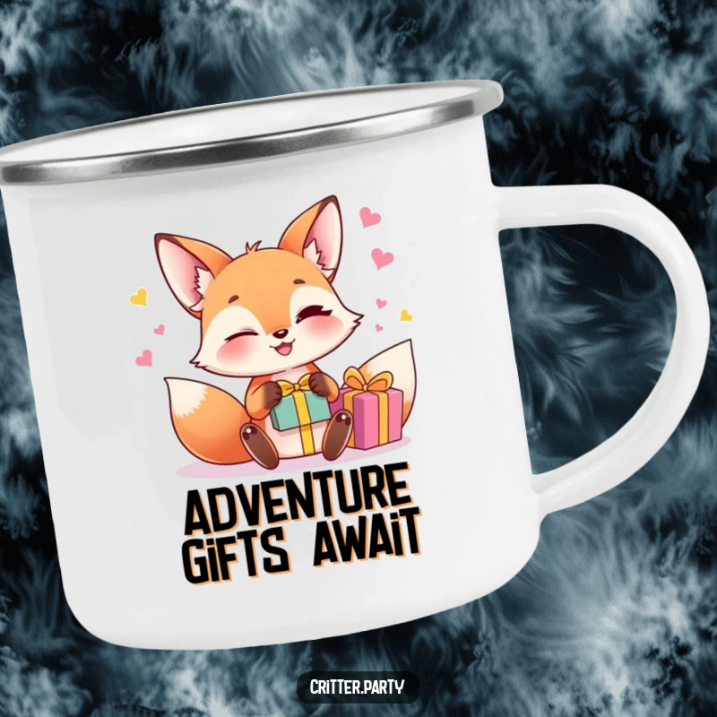 Funny fox juggling camping mug with a winking fox character juggling small, brightly colored gift boxes, for adventurous sipping.