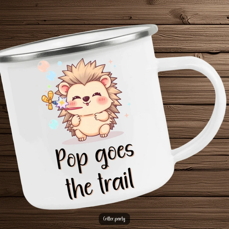 Funny Hedgehog Camping Mug: A happy hedgehog joyfully pops a party popper, releasing bubbles for outdoor fun.