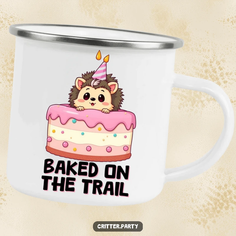 Funny camping mug featuring a curious hedgehog peeking from a birthday cake, ready for an adventurous celebration.