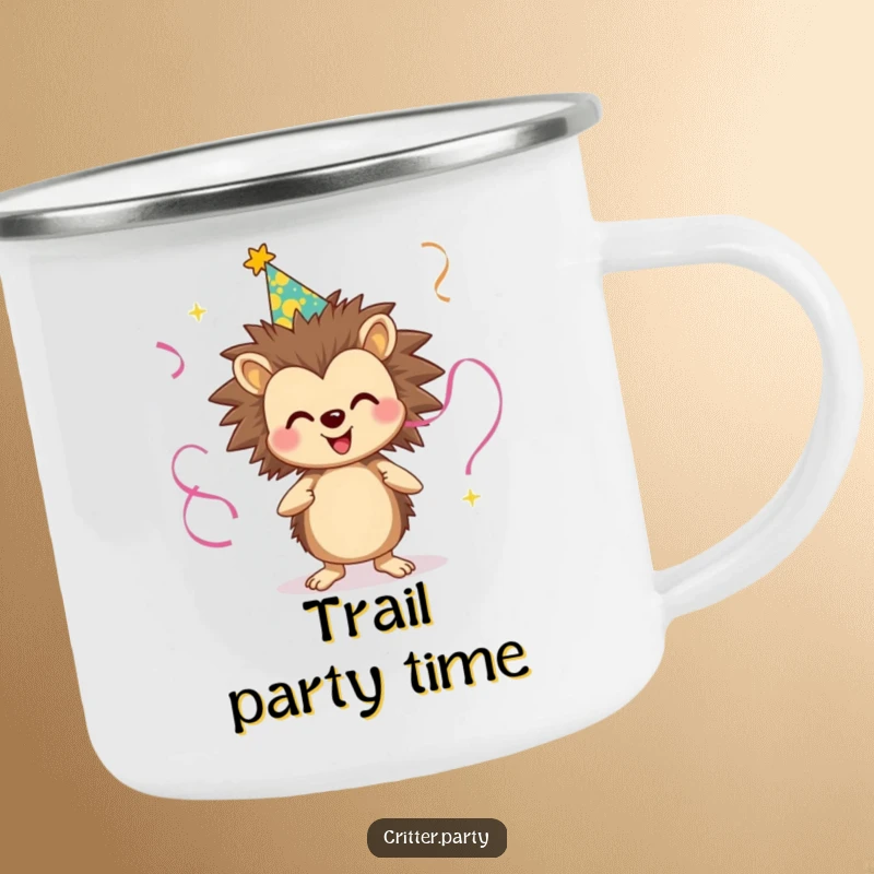 Funny camping mug depicting a smiling hedgehog wearing a party hat and juggling streamers, perfect for outdoor festivities and coffee lovers.
