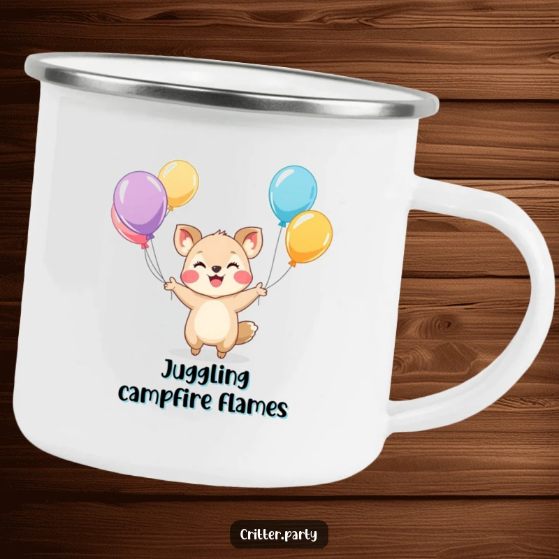 Funny camping mug with a small, smiling animal character skillfully juggling colorful balloons, perfect for cheerful outdoor moments.