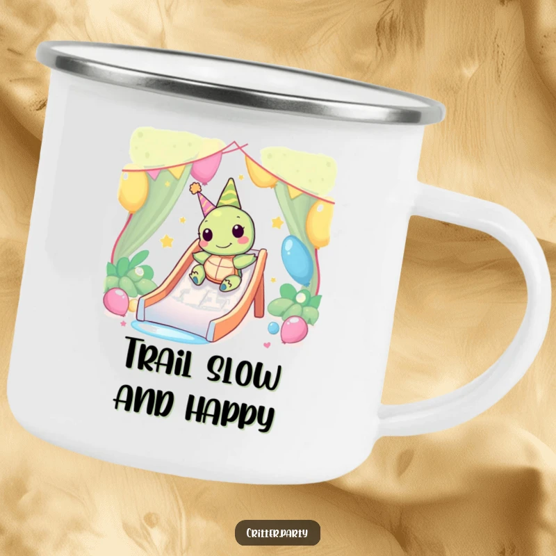 Funny Kawaii turtle character happily sliding down a party slide on a rugged camping mug for humorous outdoor relaxation.