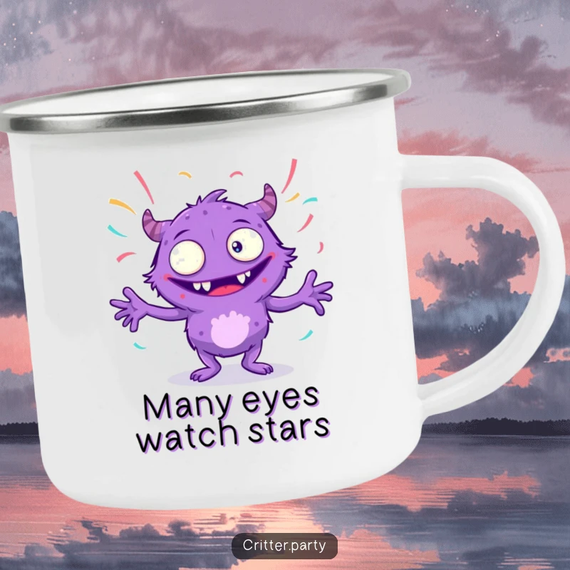 Funny purple monster camping mug with multiple eyes, dancing with streamers, symbolizing outdoor fun and a party spirit, great for a funny gift.