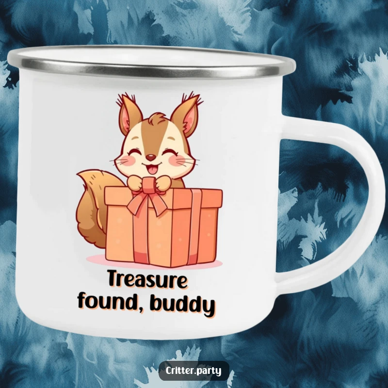 Funny squirrel camping mug showing a cute character unwrapping a gift, perfect for outdoor enthusiasts who love humor.