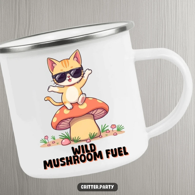 Funny camping mug showing a winking cat with sunglasses dancing on a vibrant mushroom, perfect for the outdoors.