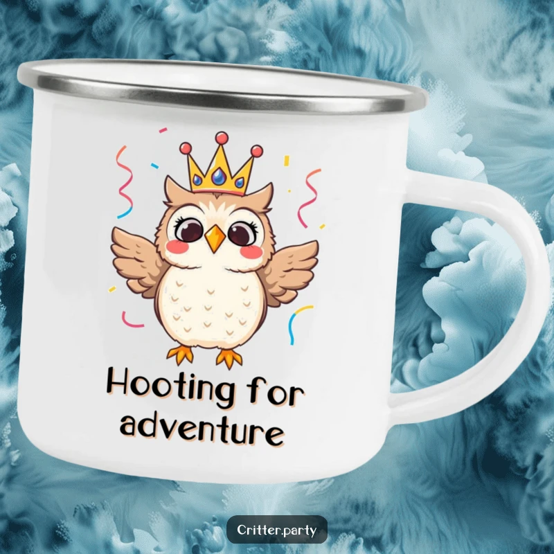 Thrilled owl wearing a festive crown surrounded by streamers, a durable camping mug for festive outings.