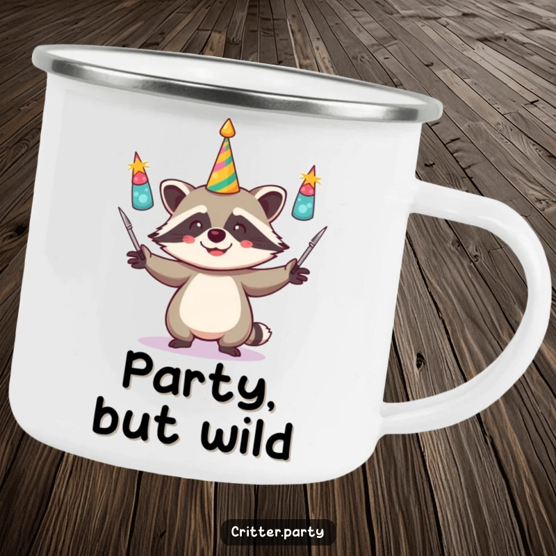 Funny camping mug with a cheerful raccoon juggling shiny party horns, designed for outdoor fun and a touch of humorous celebration.