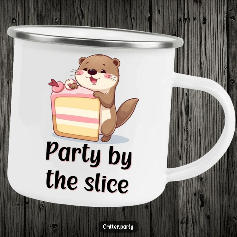 Funny Otter Camping Mug: A happy otter dancing with abandon around a giant cake, ideal for outdoor fun.