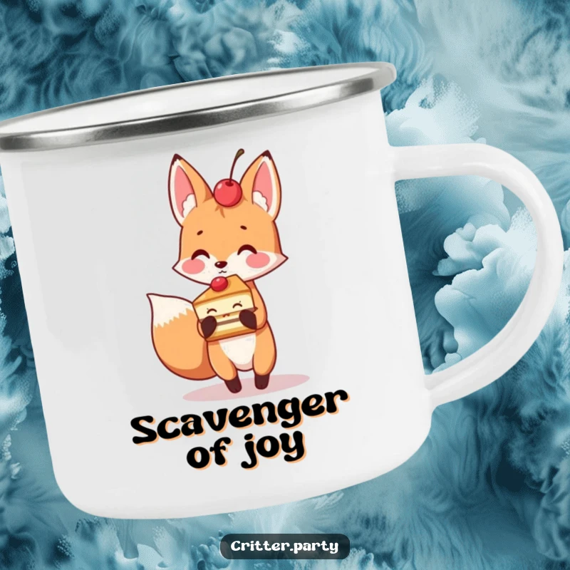 Playful fox holding a slice of cake with a cherry on top, a durable camping mug for outdoor enjoyment.