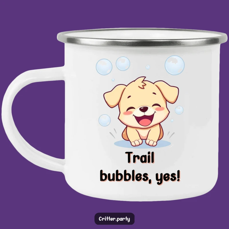 Funny Puppy Camping Mug: Playful Pup Chasing Bubbles, Outdoor Dog Fun