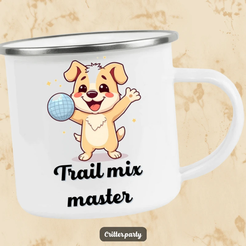 Funny dog dancing with a disco ball, durable camping mug for outdoor parties and adventures.