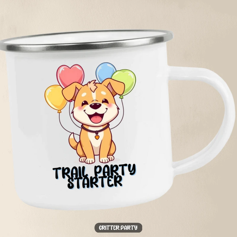 Funny camping mug featuring a happy dog humorously wearing balloons, perfect for cheerful outdoor adventures.