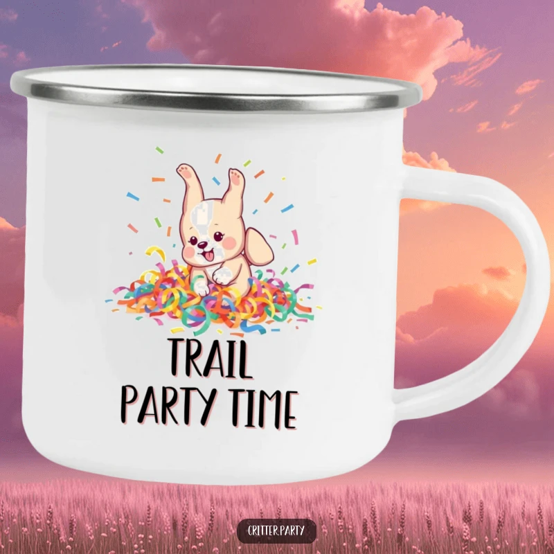 Funny Camping Mug: A playful puppy character attempts a somersault in a pile of colorful streamers, embodying outdoor fun.
