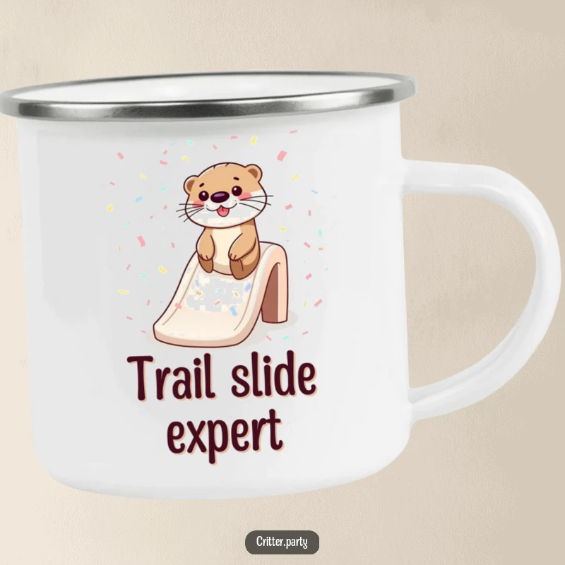 Funny camping mug with a playful otter sliding down a sparkling confetti slide, designed for outdoor adventures and a splash of humor.