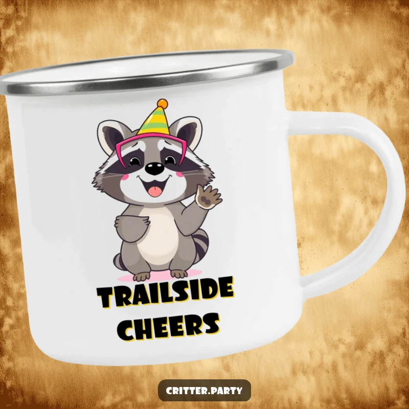 Funny raccoon camping mug with a happy character wearing a vibrant party mask, enthusiastically clapping its paws.