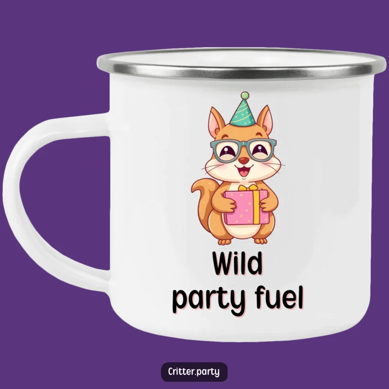 Funny Enamel Mug: Joyous Squirrel Party - Outdoor Festivity, Funny Gift