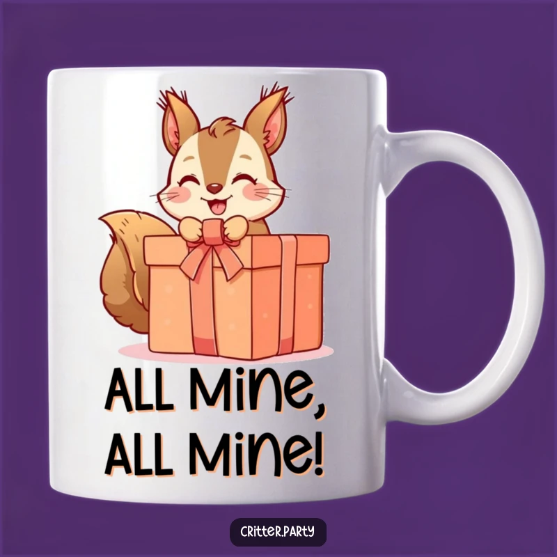 Funny Squirrel Present Mug: Adorable Animal Unwrapping Gift for a Cheeky Treat Lover