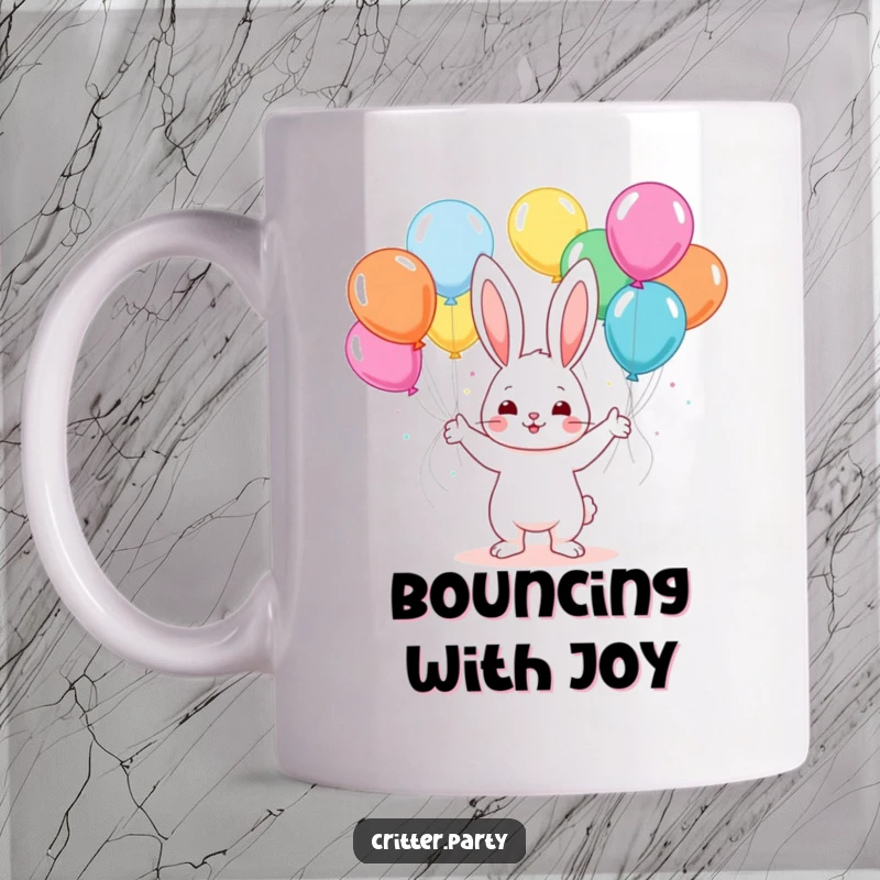 Funny kawaii bunny happily juggling a vibrant bunch of colorful balloons at a lively party celebration.