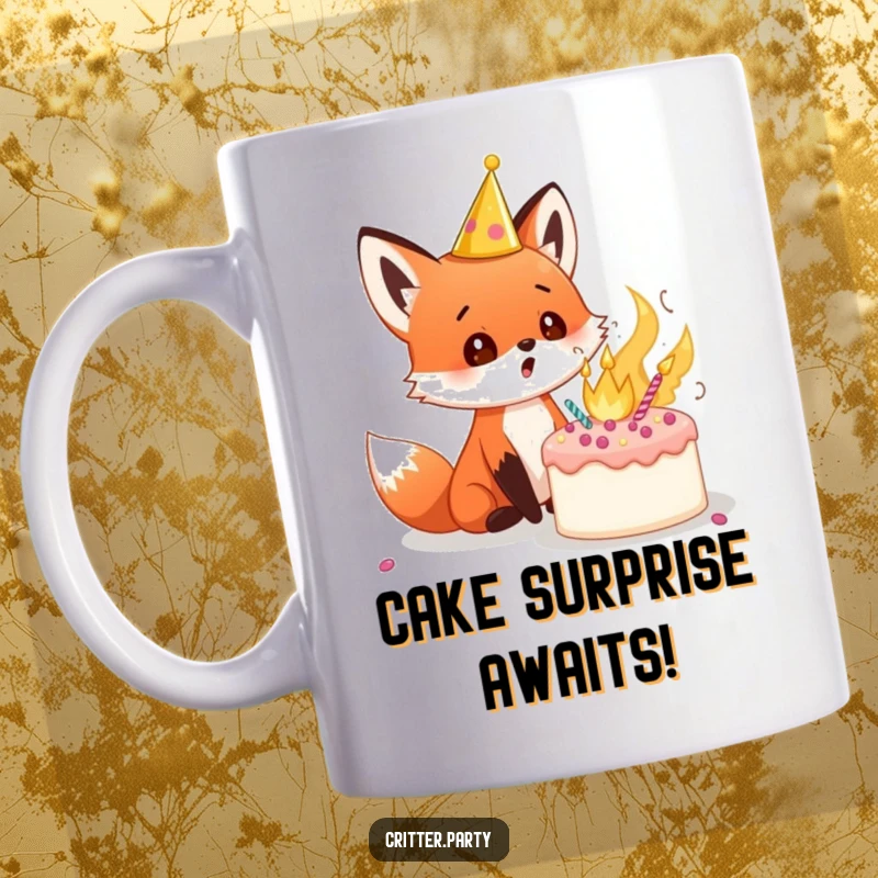 Funny red fox cub mug wearing a tiny party crown, eyes wide with surprise at an exploding cake, capturing a moment of comedic shock.
