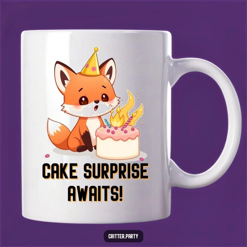 Funny Fox Cub Mug: Surprised Delight at Exploding Cake Party Fun Gift