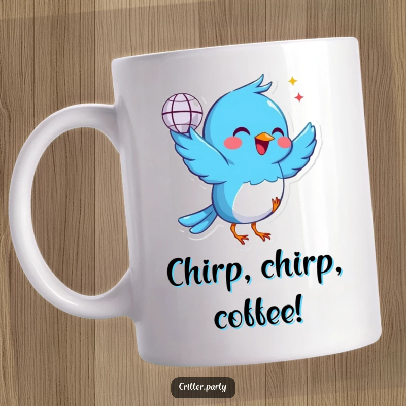 Funny cheerful blue bird mug holding a tiny disco ball, dancing with pure joy and infectious energy, perfect for a fun gift.