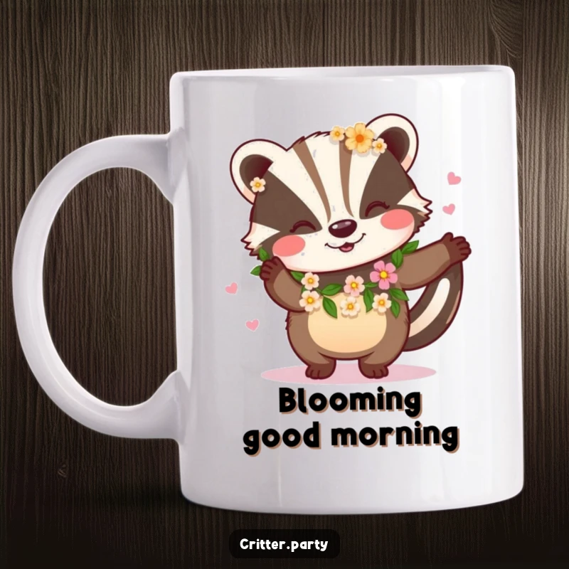 Funny badger wearing a flower garland and dancing mug, expressing joy and free spirit, ideal for a funny gift.
