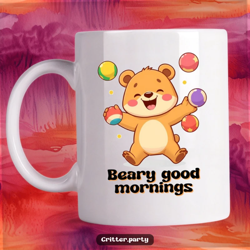 Funny mug depicting an excited bear cub happily juggling bright, colorful balls with a wide, infectious smile.