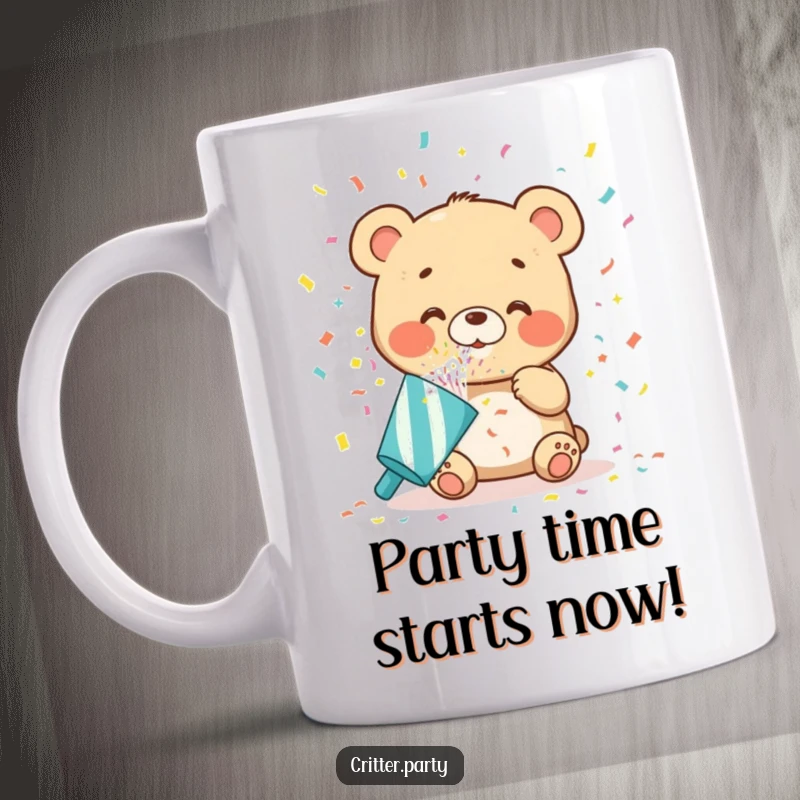 Funny bear cub mug blowing oversized confetti from a party popper, radiating pure joy and festive cheer, perfect for a fun gift.