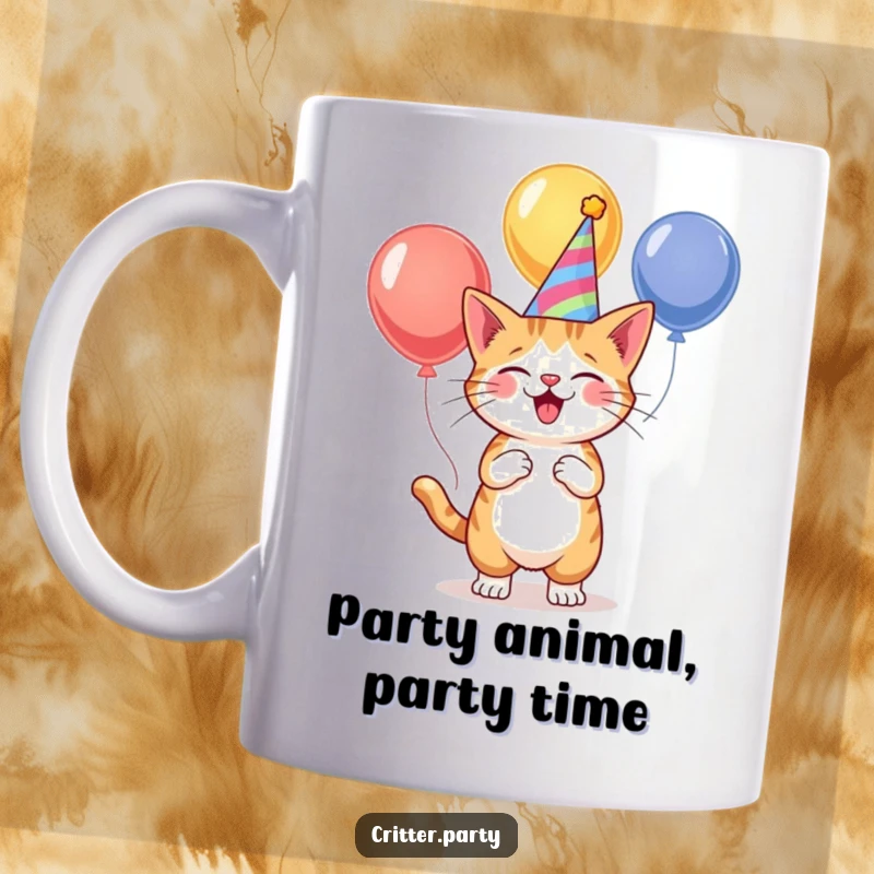 Funny cat wearing a party hat, expertly juggling colorful balloons, on a delightful mug, perfect for pet enthusiasts.