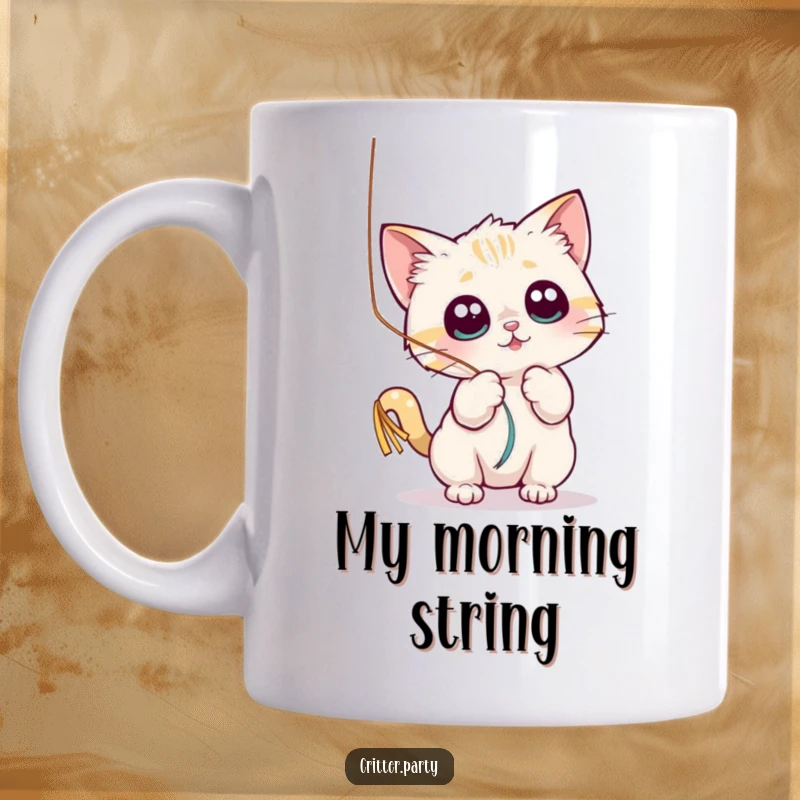 Funny mug of a small cat character playfully batting at a dangling, shiny streamer with wide, fascinated eyes.