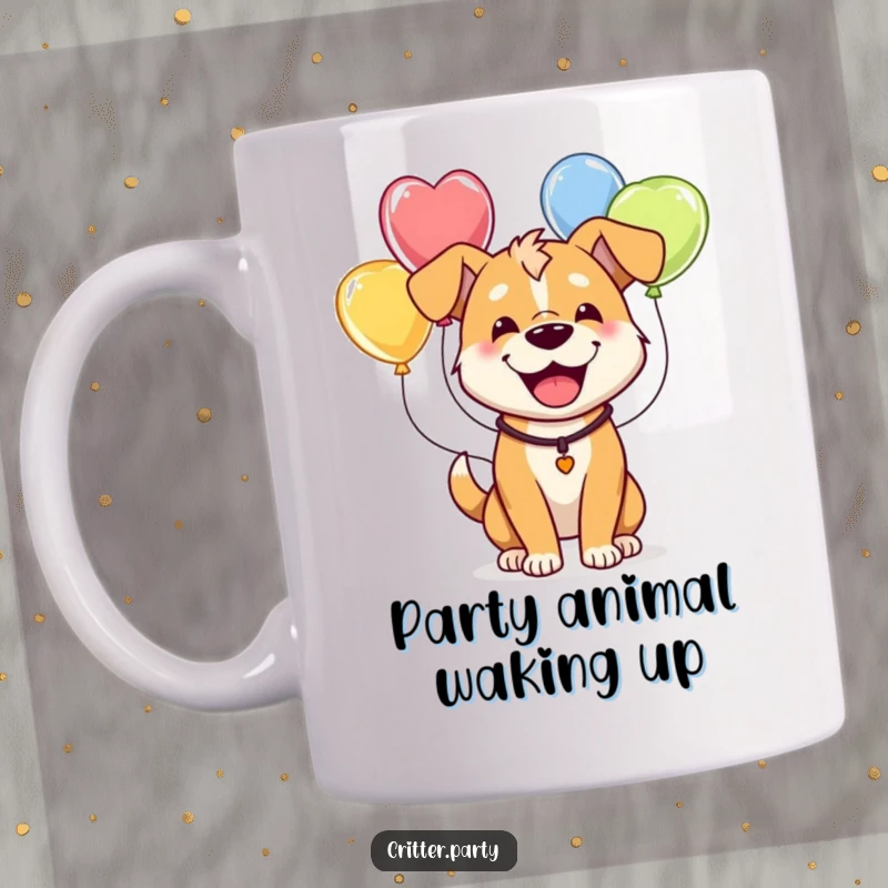 Funny mug featuring a happy dog comically adorned with a vibrant string of colorful balloons, exuding pure joy and celebration.