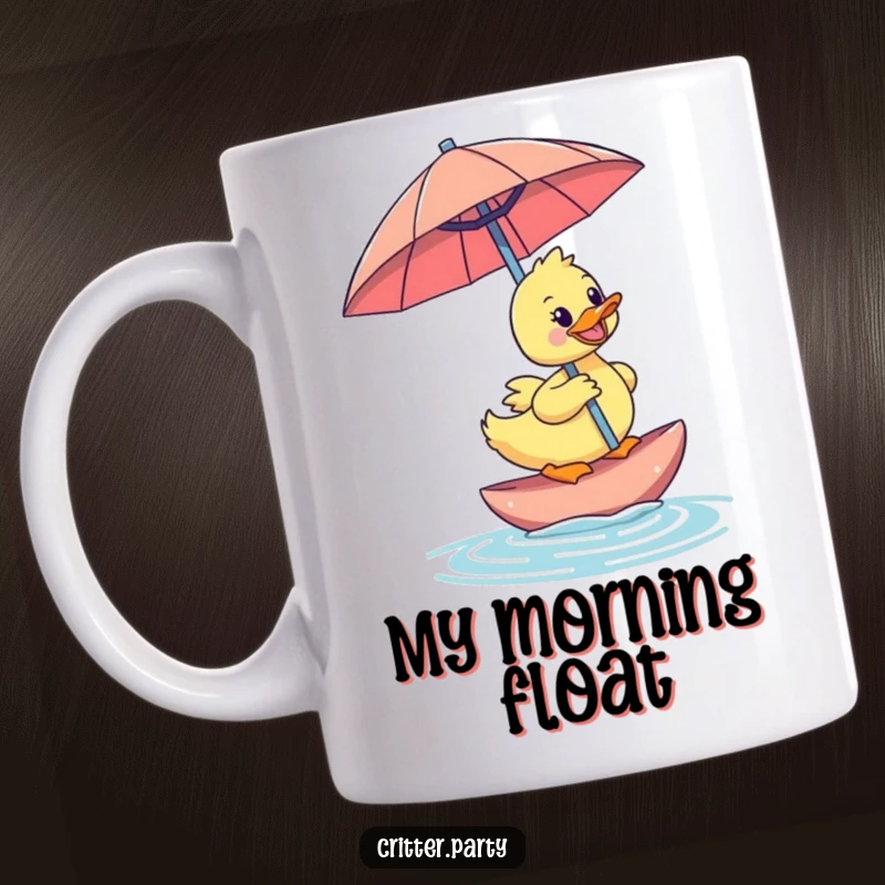 Funny happy duckling happily riding on a floating, oversized cocktail umbrella on a mug, embodying tropical fun and cheerful vibes.