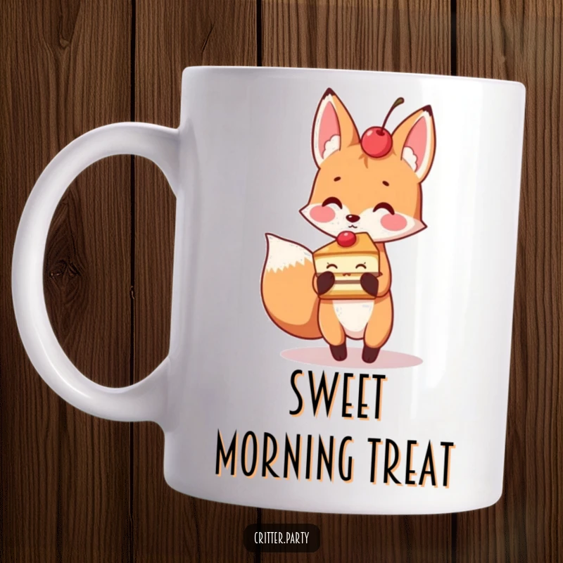 Playful fox character holding a slice of cake with a cherry on top, a sweet and funny mug design.