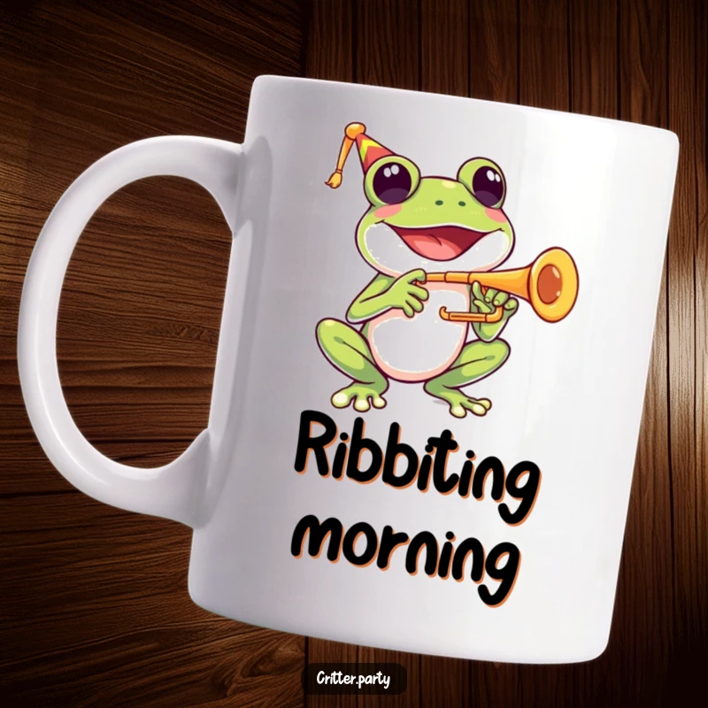 Funny mug with a happy frog character joyfully playing a tiny trumpet with a wide, beaming smile.