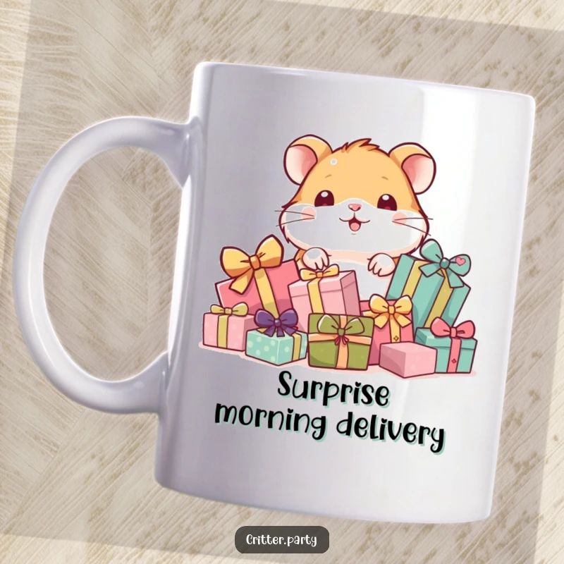 Funny hamster peeking from behind a stack of colorful gifts mug, cute and playful, perfect for a funny gift.