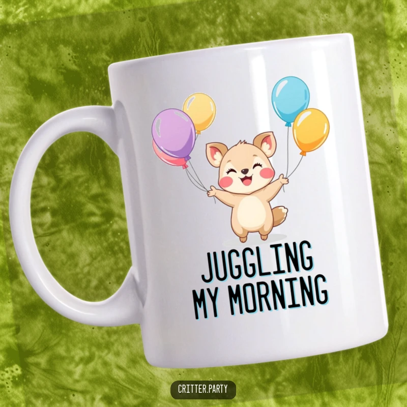 Funny mug showcasing a tiny, smiling animal character skillfully juggling multiple colorful balloons, radiating pure joy and playfulness.