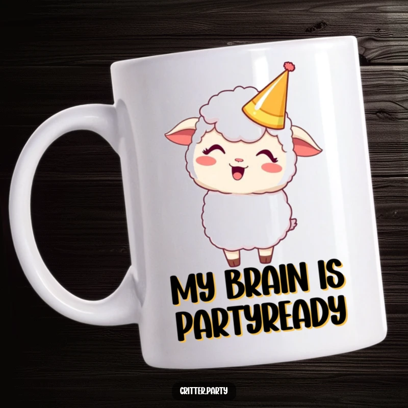 Funny Kawaii sheep character in a party crown, giggling uncontrollably, perfect for adding humor to your morning coffee.
