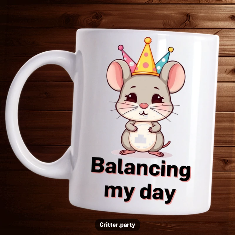 Funny Mug: A small, determined mouse character precariously balances a tall stack of tiny party hats on the tip of its nose.