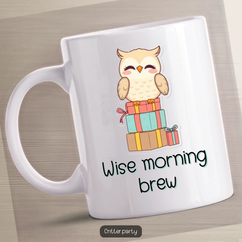 Funny mug featuring a smiling owl perched atop a stack of presents, with an amused and knowing expression, symbolizing clever wit.