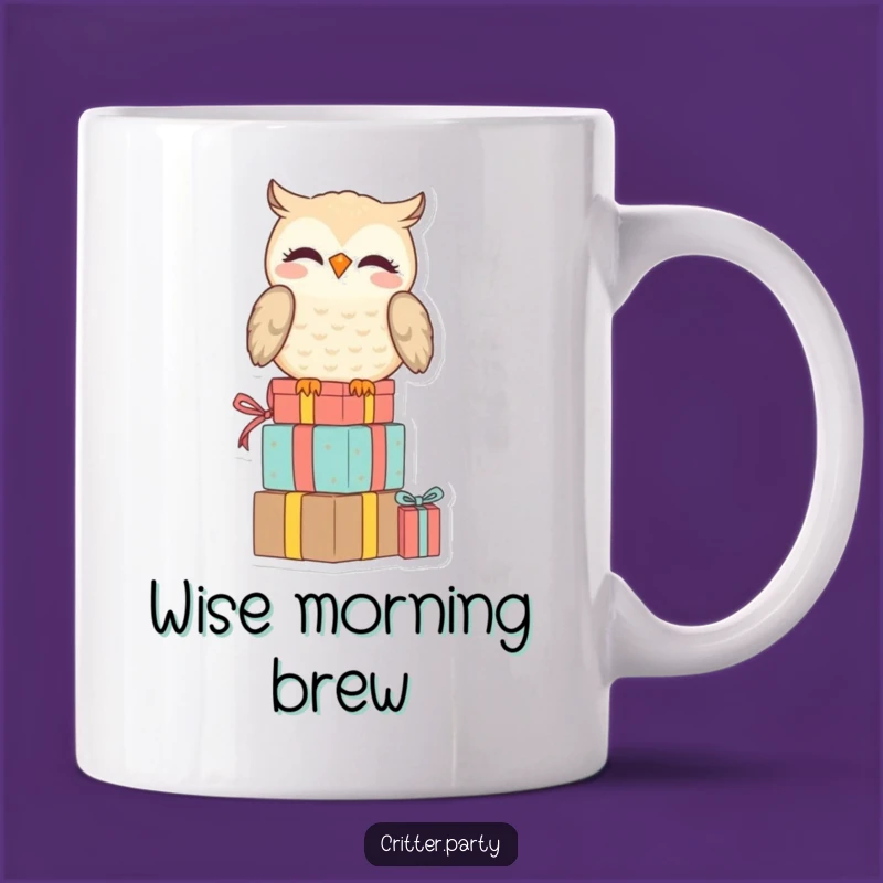 Funny Owl Mug: Amused Wisdom Perched on Presents - The Perfect Humorous Gift!