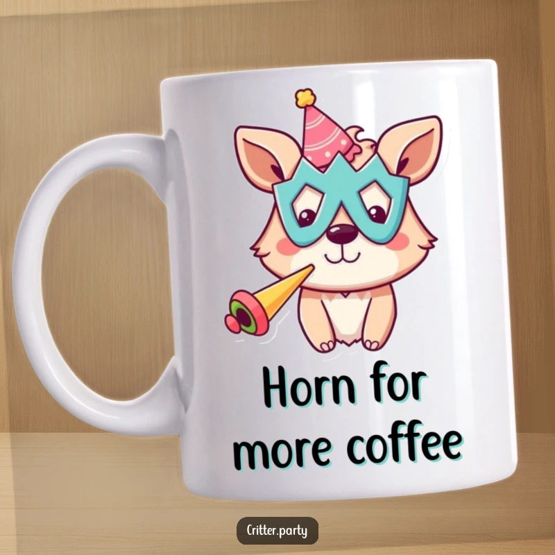 Funny mug with a cheerful animal character in a silly party mask, enthusiastically blowing a party horn with confetti flying.