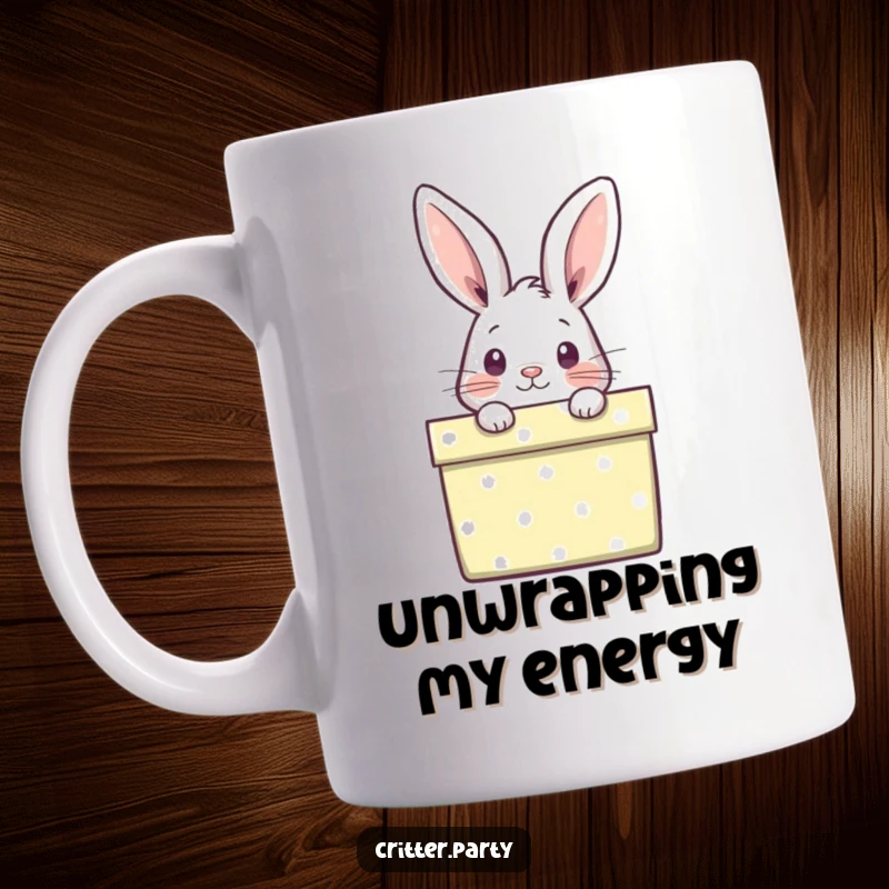Funny mug featuring a curious rabbit peeking out from a brightly wrapped gift box, hinting at delightful surprises and playful intrigue.
