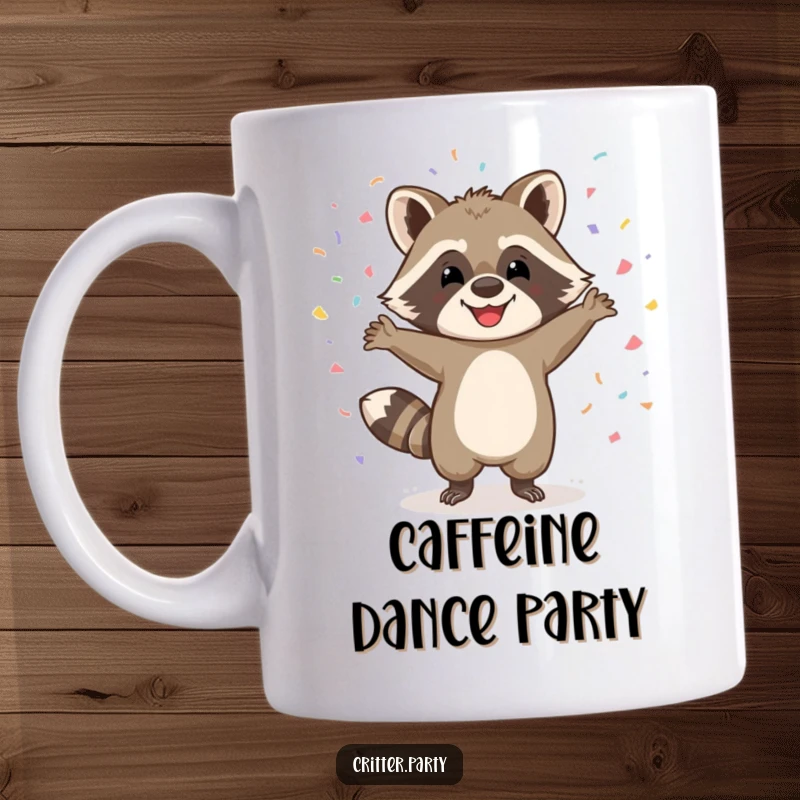 Funny mug showing a happy raccoon character dancing wildly with colorful confetti falling all around, embodying pure, uninhibited joy.